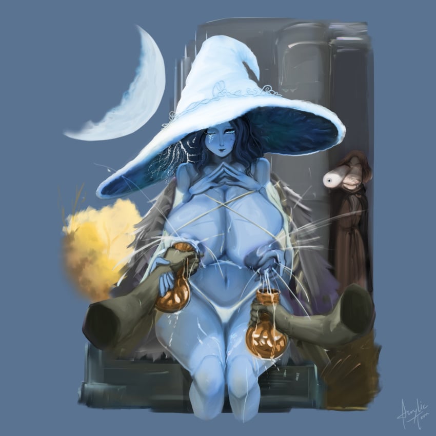 1girls 2boys acrylictoon big_breasts breast_squeeze breasts elden_ring female lactation male milking milking_breasts ranni_the_witch tagme