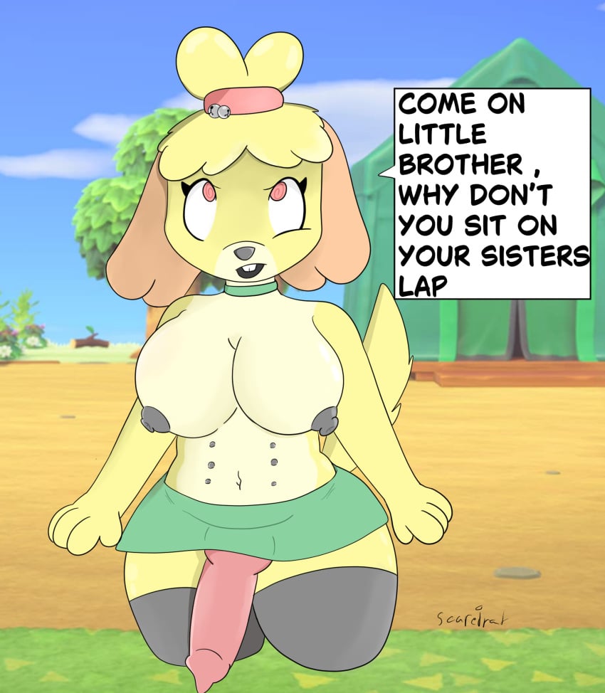animal_crossing animal_genitalia animal_penis anthro big_breasts bodily_fluids breasts canid canine canine_genitalia canine_penis canis choker clothing digital_media_(artwork) domestic_dog english_text erection female fur futanari genital_fluids genitals hair hi_res intersex isabelle_(animal_crossing) jewelry knot mammal necklace nintendo nipples nude open_mouth penis ratboyheart_(artist) solo text yellow_body yellow_fur