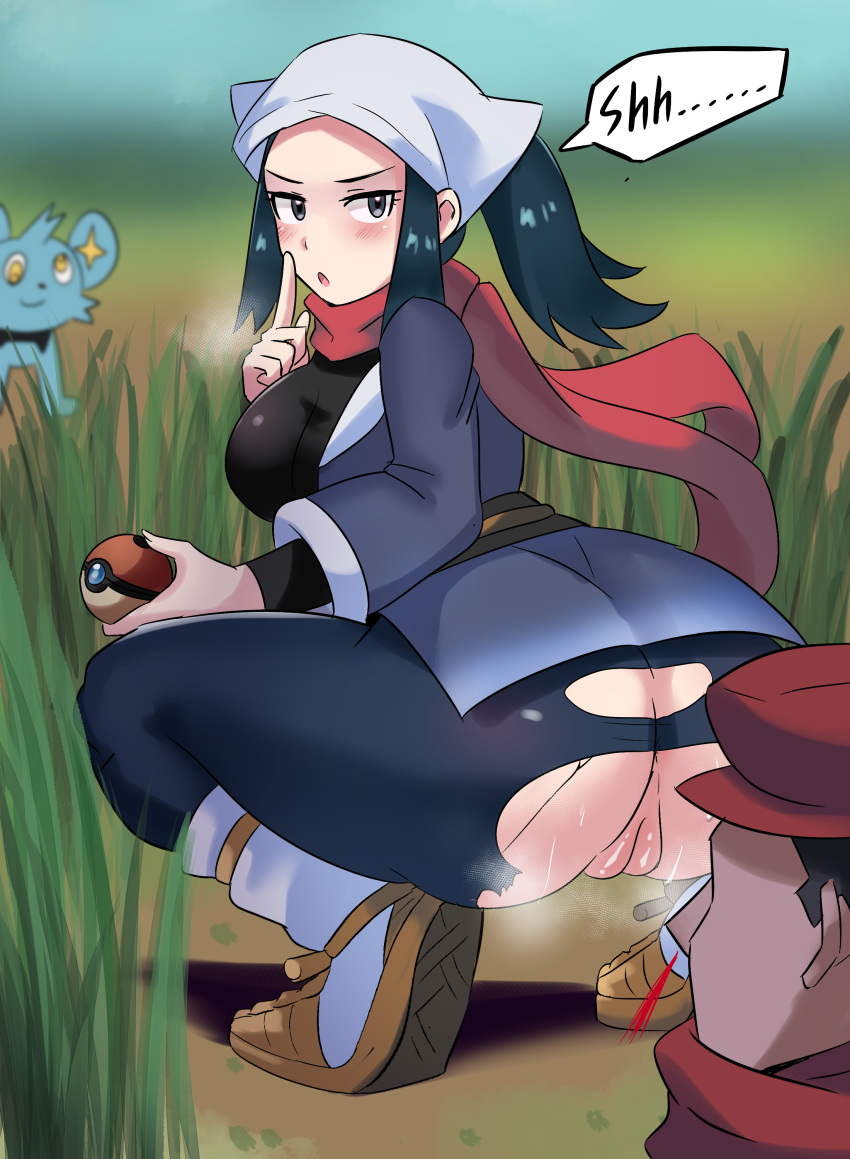 1boy 2021 absurdres akari_(pokemon) ass black_hair blood blush derpy_eyes english_text female female_focus floating_scarf game_freak hat head_scarf highres holding_pokeball japanese_clothes looking_at_viewer looking_back nosebleed open_mouth outdoors pokeball pokemon pokemon_legends:_arceus ponytail pussy red_hat red_scarf rei_(pokemon) scarf shinx shushing solo_focus speech_bubble squatting text torn_pants uncensored ytrall