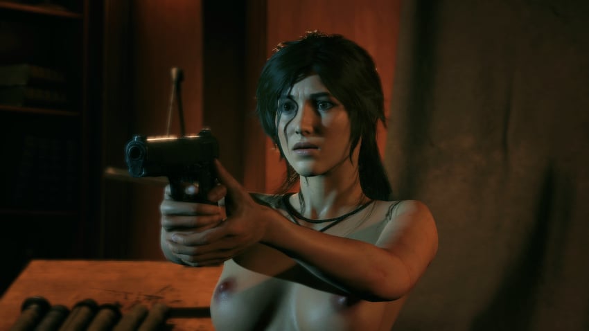 1girls 3d casual faith103 female firearm game_screenshot gun handgun human lara_croft mod nude nude_female nude_mod nudist pale_skin solo tomb_raider upper_body weapon