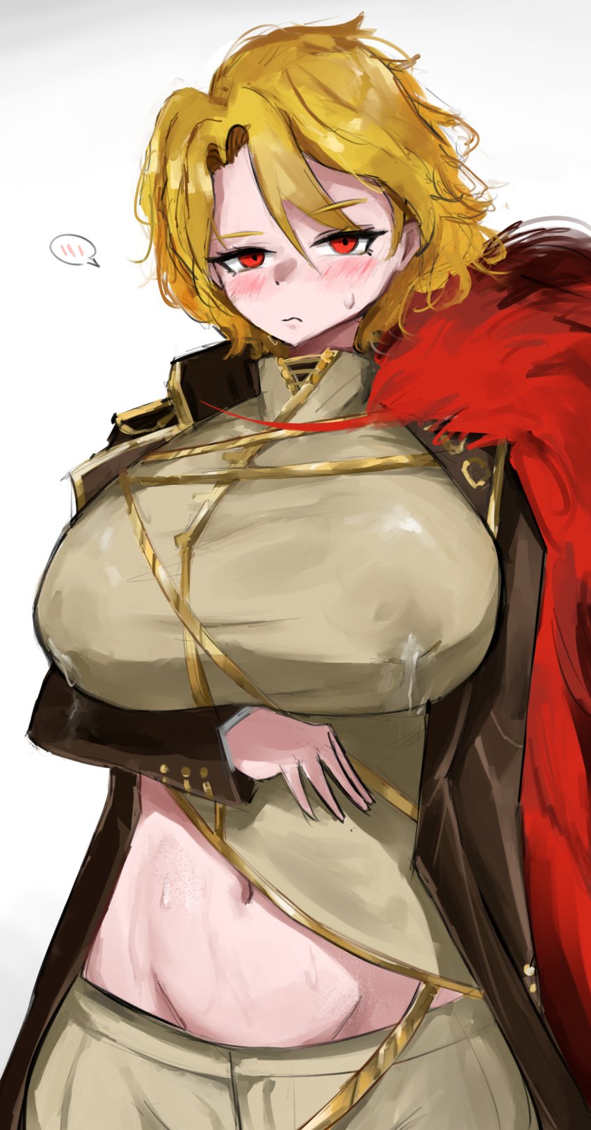 1girls big_breasts blonde_hair blush breasts clothing don_quixote_(limbus_company) eyebrows_visible_through_hair female female_only huge_breasts lactation lactation lactation_through_clothes leaking_milk limbus_company looking_at_viewer navel nipple_bulge project_moon raised_shirt red_eyes sancho_(limbus_company) solo stained_clothes sweat sweatdrop sweaty_body wet_clothes www1_(artist)