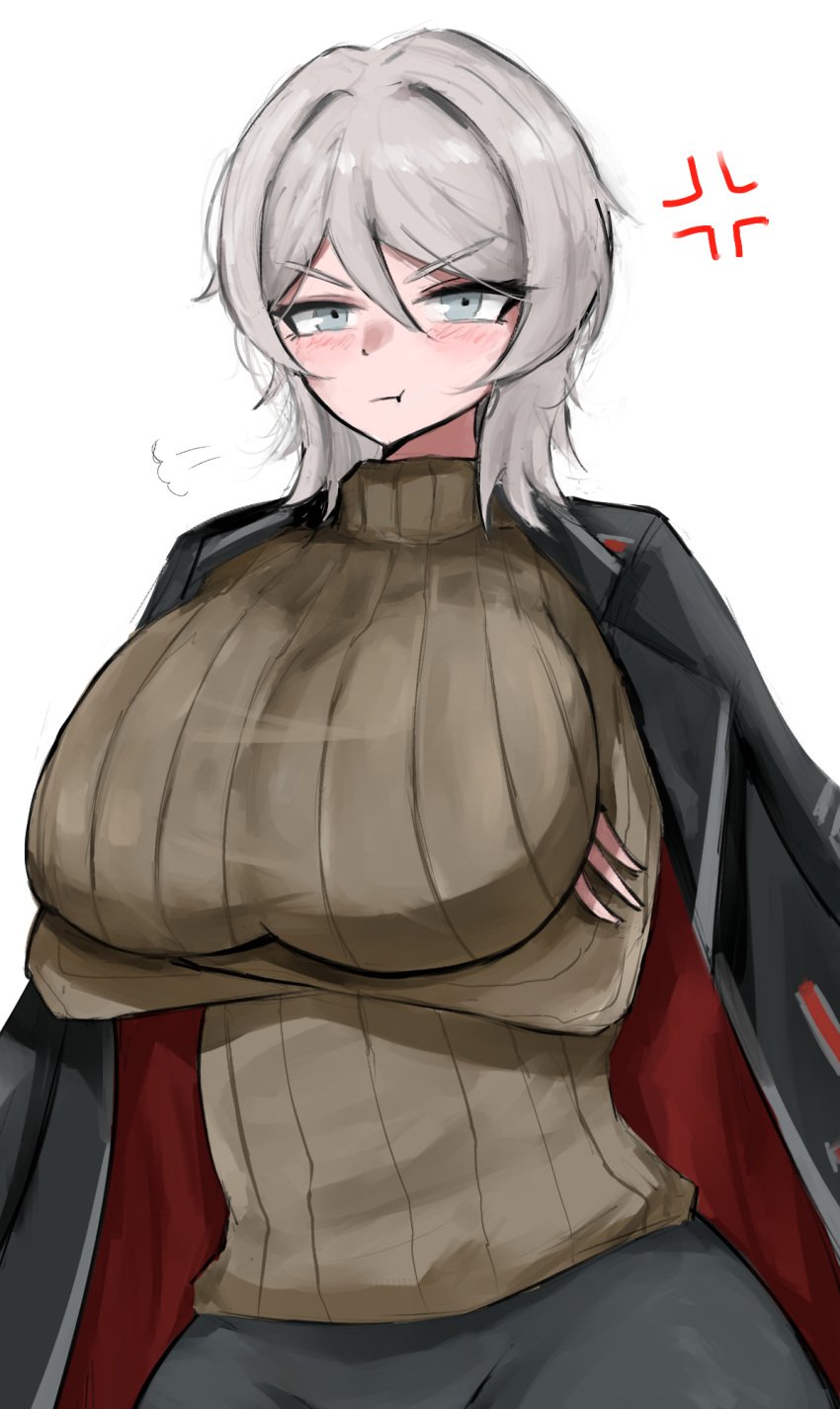 1girls anger_vein angry_face blue_eyes blush breasts busty crossed_arms eyebrows_visible_through_hair faust_(limbus_company) female female_only hair_between_eyes huge_breasts jacket jacket_on_shoulders limbus_company looking_at_viewer pout pouting_lips project_moon short_hair solo sweater turtleneck white_hair www1_(artist)