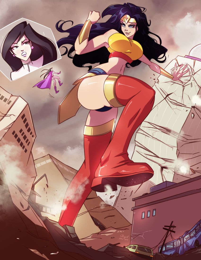 2019 2girls angelgts bare_midriff bare_thighs big_breasts black_hair blue_eyes boots bracelets breasts dc dc_comics dcau giantess lois_lane lois_lane_(dcau) long_hair power_girl_(cosplay) smaller_female smile smiling smug story_in_description superheroine superman:_the_animated_series superman_(series) tagme tiara wonder_woman wonder_woman_(series)