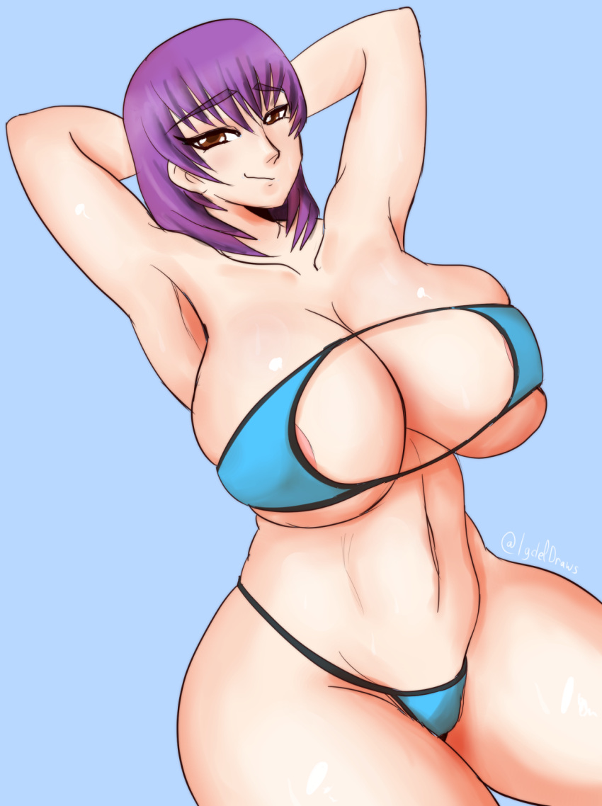 armpits female hands_behind_head huge_breasts igdel kouzuki_yuuko muv-luv nipple_peek pinup swimsuit thick_thighs