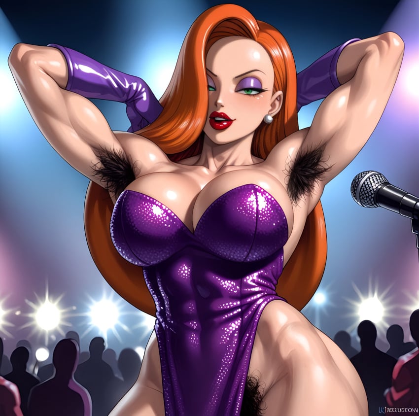 ai_generated armpit_hair athletic athletic_female deergirlfit excessive_pubic_hair hairy hairy_armpits hairy_pussy jessica_rabbit milf muscular muscular_female on_stage pubic_hair showgirl singer singing stage stage_lights stripper strong_woman