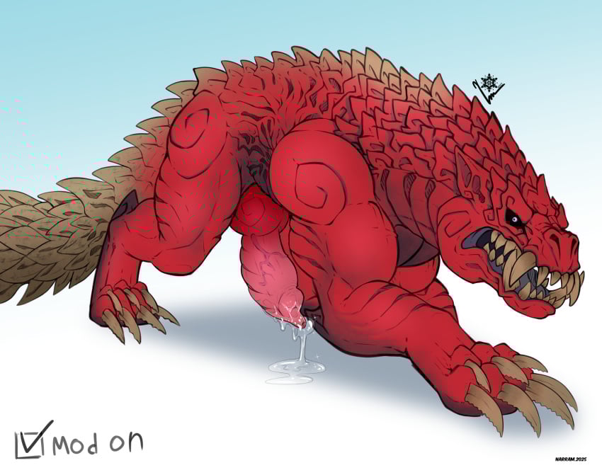absurd_res animal_genitalia animal_penis big_penis bodily_fluids canine_genitalia canine_penis capcom claws erection fanged_wyvern feral genital_fluids genitals hi_res knot male monster_hunter muscular muscular_feral muscular_male narram odogaron penis precum quadruped red_body sharp_teeth solo tail teeth vein veiny_muscles veiny_penis