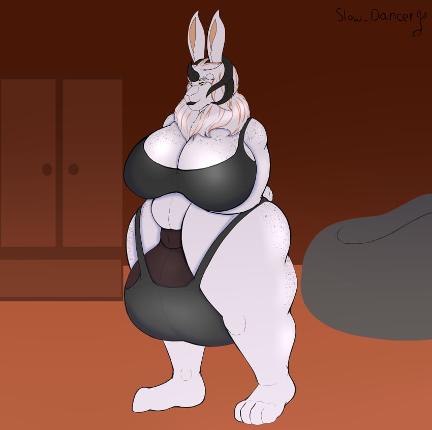 absurd_res animal_genitalia anthro ass balls big_balls big_breasts bottomwear breasts clothed clothing demon futanari genitals gynomorph herm hi_res horn huge_balls huge_breasts hyper hyper_genitalia intersex lagomorph leporid mammal mythological_creature mythology rabbit simple_background slowdancer smile solo thick_thighs topwear wide_hips