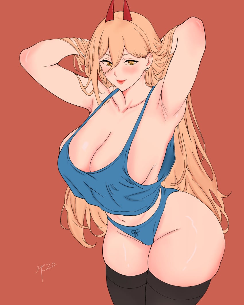 2024 armpits arms_up big_breasts blonde_hair blue_panties blush blushing breasts chainsaw_man cleavage demon_horns ear_piercing female female_only hands_behind_head horns long_hair loose_clothes orange_eyes panties pink_lips pink_lipstick power_(chainsaw_man) red_background rezo tank_top thick_thighs thighhighs thighs wide_hips