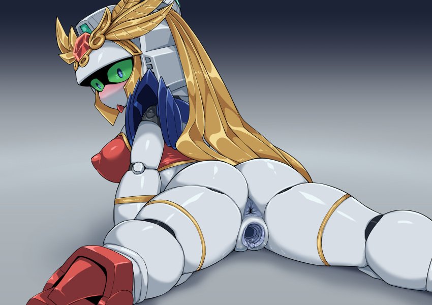 1boy 1girls absurdres anus ass blonde_hair blue_eyes breasts clitoris erect_clitoris erect_nipples erect_nipples_under_clothes female forehead_jewel gaping gaping_pussy gradient green_sclera gundam high_resolution highres humanoid invisible_penis looking_away looking_back mecha nipples no_mouth no_nose pale-skinned_female pale_skin penetration penis pochincoff purple_anus purple_pussy pussy pussy_juice robot robot_girl sd_gundam sd_gundam_sangokuden sex shukuyuu_gundam spread_legs surprised uncensored vaginal_penetration white_skin