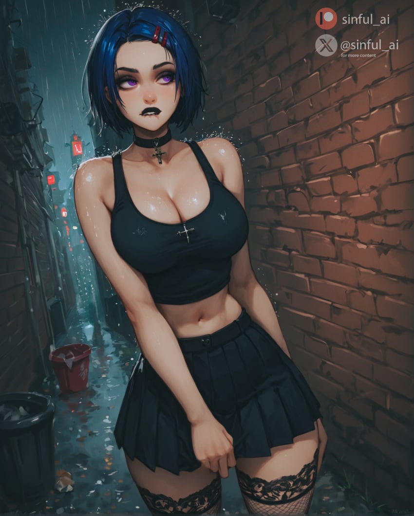 ai_generated aisinful alley big_breasts breasts cleavage clothing female goth goth_girl hi_res huge_breasts large_breasts sairenji_haruna skirt stockings thick_thighs thighhighs to_love-ru wide_hips