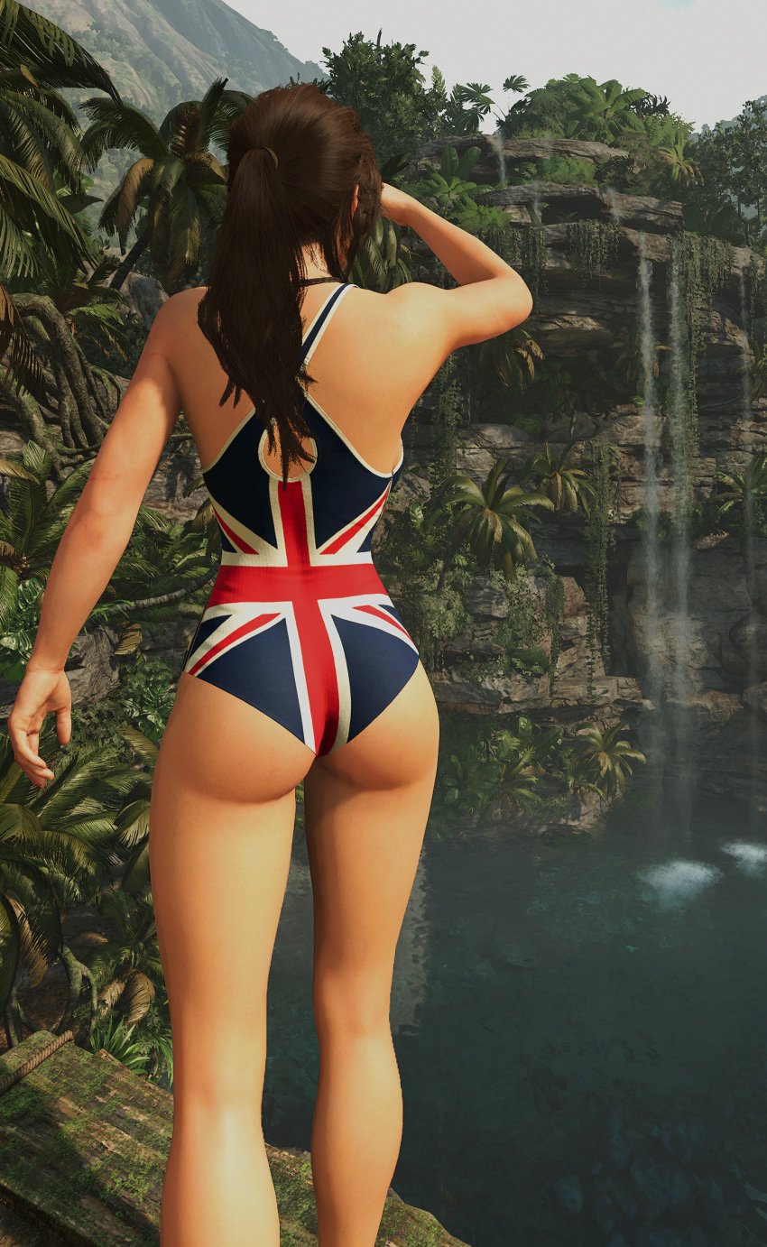 1girls 3d back_view faith103 female flag_print flag_print_swimsuit game_screenshot lara_croft mod one-piece_swimsuit solo swimsuit tomb_raider