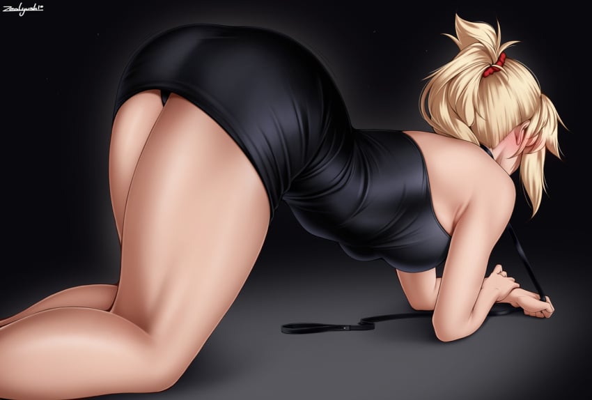 1girls all_fours ass ass_up big_ass black_dress blonde_hair blush breasts butt collar dark_background dress fate/apocrypha fate/grand_order fate_(series) female female_only hair_ornament leash leash_and_collar mordred_(fate) mordred_(fate/apocrypha) short_dress simple_background small_breasts solo solo_female thighs tied_hair zealyush