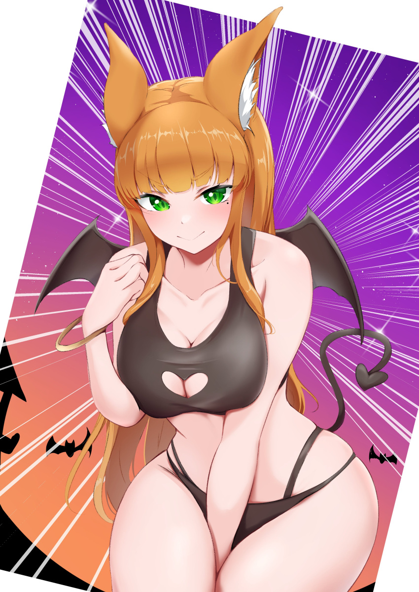 bats breasts female green_eyes neko_ronderu_(neko_ronderuu) orange_hair shoulders succubus_outfit succubus_tail succubus_wings