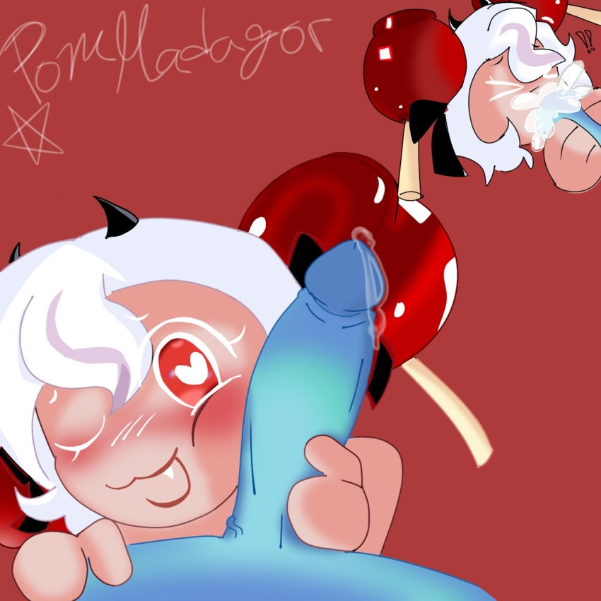 apple blue_penis blue_skin candy candy_apple_cookie cookie_run_kingdom cookies cum cum_in_mouth female female/male male no_humans no_pubic_hair penis pommadagor precum red_eyes shadow_milk_cookie simple_background white_hair white_skin