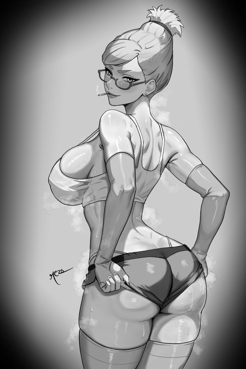 2025 ass ayase_seiko big_ass big_breasts breasts cigarette cigarette_in_mouth dandadan female female_only glasses hair_up looking_at_viewer looking_back monochrome rezo short_shorts shorts sideboob sweaty sweaty_body tank_top thick_thighs thighhighs thighs thong tied_hair white_hair