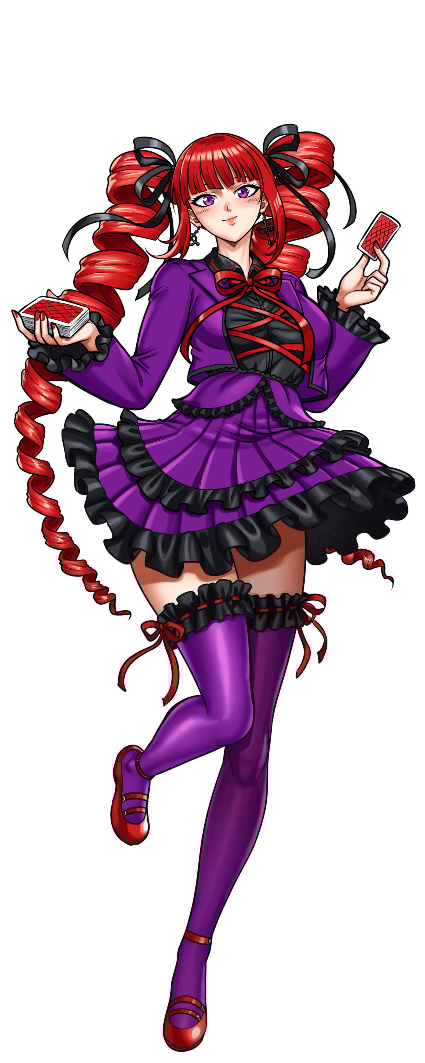1female 1girl breasts card celestia_ludenberg cleavage danganronpa dress drill_hair earrings ellery_(hentai_heroes) female frills full_body game gothic_lolita hair_ornament hair_ribbon harem_heroes heels hentai_heroes holding holding_card jewelry kinkoid light-skinned_female lolita_fashion long_hair long_sleeves looking_at_viewer nutaku official_art parody presenting purple_eyes purple_thighhighs red_footwear red_hair ribbon shoes simple_background skirt smile solo stockings thighhighs twin_drills twintails white_background