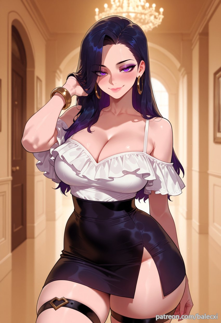 ai_generated balecxi bare_shoulders black_hair black_skirt bracelet breasts cleavage collarbone female hoop_earrings jewelry kai&#039;sa large_breasts league_of_legends long_hair looking_at_viewer patreon_username pencil_skirt purple_eyes side_slit smile solo thigh_strap thighs white_shirt