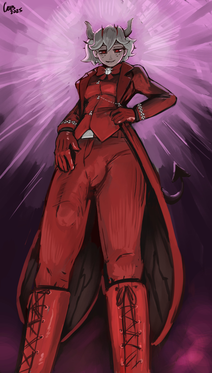 1futa 2025 artist_name artist_signature balls beelzebub_(helltaker) big_penis breasts clothed clothing crab_(artist) demon demon_girl demon_horns demon_tail dick_bulge dickgirl erection erection_under_clothes freckles fully_clothed futa_only futanari helltaker human intersex light-skinned_futa light-skinned_futanari light_skin medium_breasts nsfcrab penis red_eyes red_suit solo standing suit upward_angle white_hair