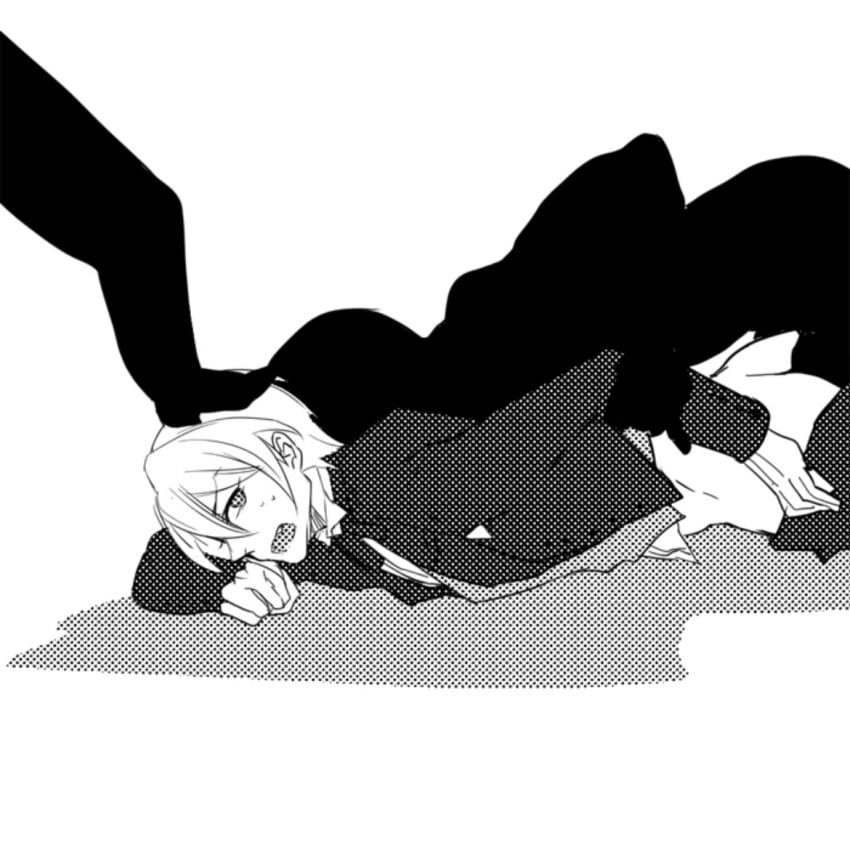 danganronpa danganronpa:_trigger_happy_havoc foot_on_head holding_arm male male_only noff pants_down pants_pull pants_pulled_down partially_clothed stepped_on stepping_on_head togami_byakuya