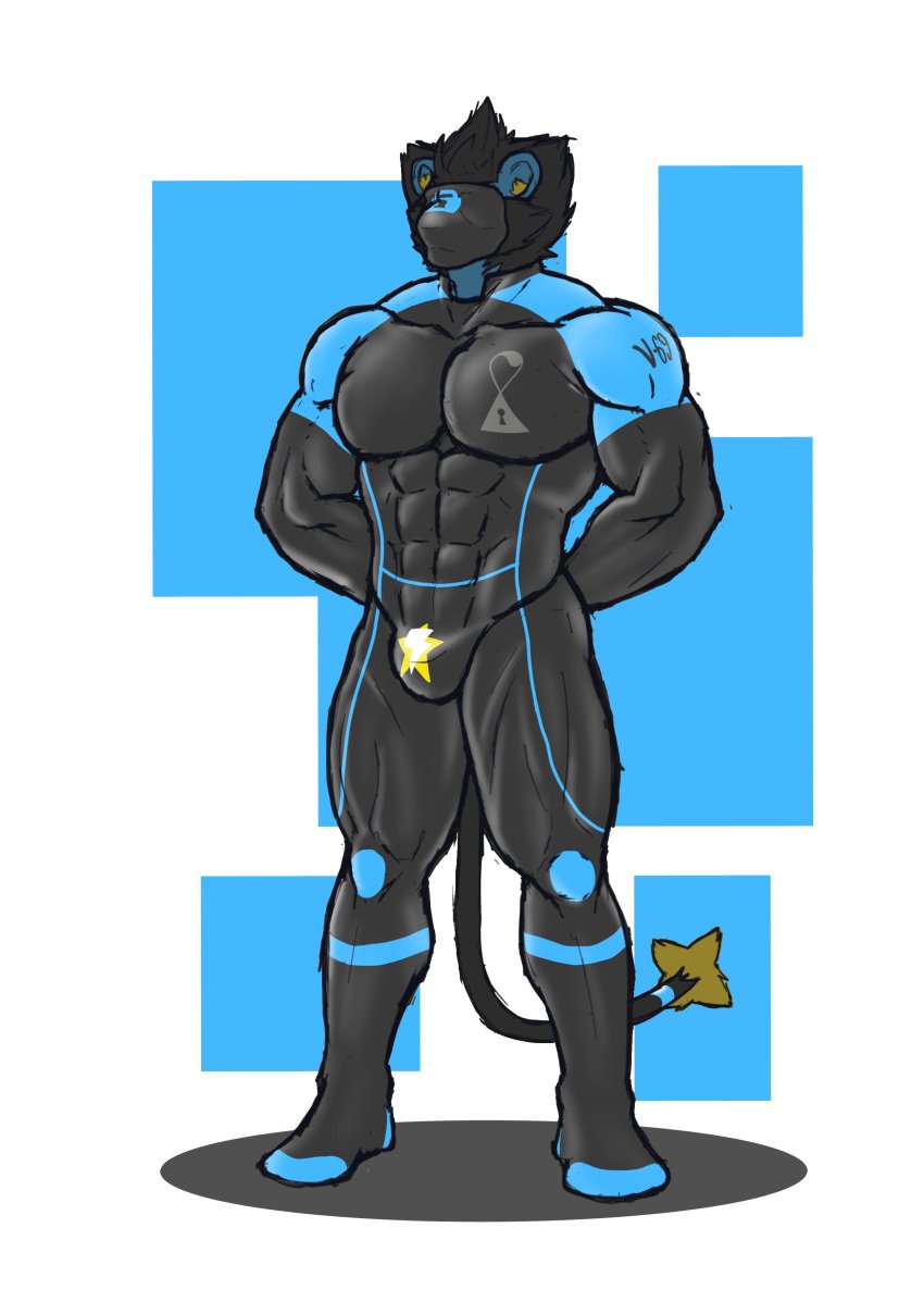 abs absurd_res anthro black_body black_fur blue_body bulge clothed clothing digital_media_(artwork) drone dronification felid fur generation_4_pokemon hair hi_res latex latex_clothing latex_skinsuit luxray male mammal mask muscular muscular_anthro muscular_male nintendo pecs pokemon pokemon_(species) simple_background skinsuit solo superhero tail text tight_clothing zachsroom