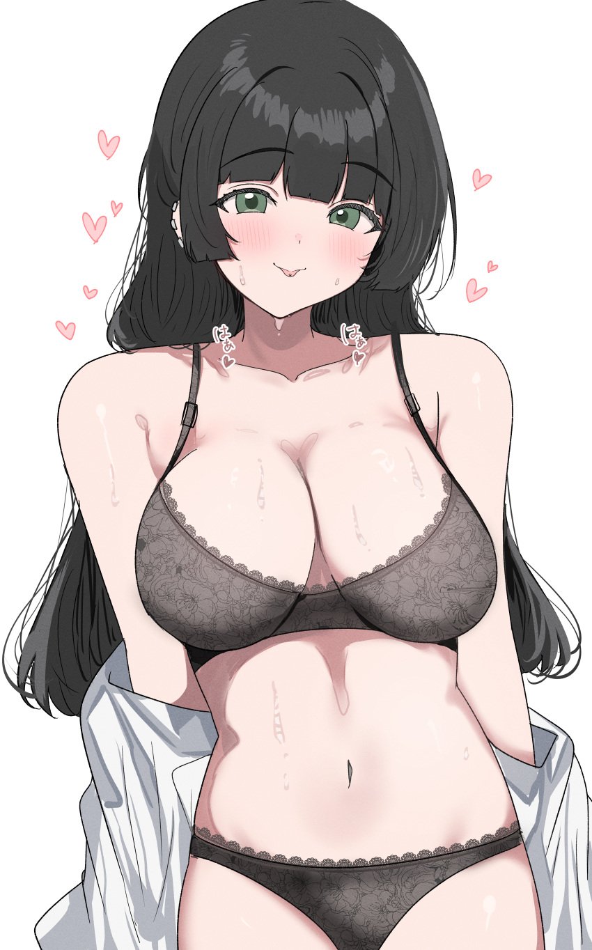1girls absurdres black_bra black_hair black_panties blush bocchi_the_rock! bra breasts cleavage eyebrows_hidden_by_hair female green_eyes heart highres lace-trimmed_bra lace-trimmed_panties lace_trim large_breasts long_hair looking_at_viewer navel open_mouth pa-san panties shirt simple_background smile solo stomach sunya_(honorin-yuunibo) sweat tongue tongue_out underwear underwear_only undressing white_background white_shirt