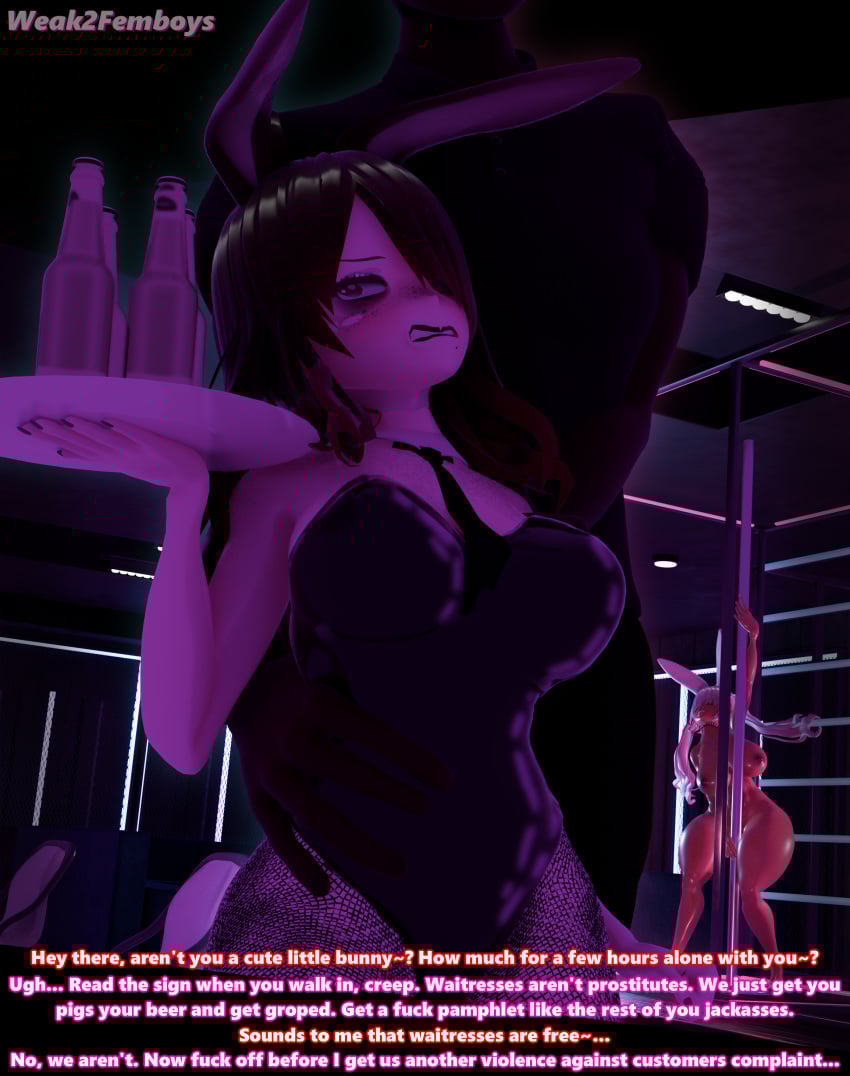 1boy 1girls 3d 3d_model angry angry_face artist_self-insert big_breasts black_makeup blender blender_(software) blender_eevee breasts brothel brown_eyes brown_hair bunny_ears bunny_girl bunnysuit clenched_teeth club dark-skinned_male dark_skin droopy_ears female freckles freckles_on_face goth goth_girl gradient_hair groping hair height_difference hi_res highres imminent_rape imminent_sex kemonomimi light-skinned_female light_skin madelyn_(weak2femboys) male rabbit_ears rabbit_girl self_insert self_upload size_difference waitress weak2femboys