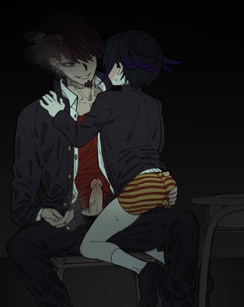 2boys bossu cigarette danganronpa danganronpa_v3 dick duo erection gay grabbing grabbing_ass groping_ass male male/male male_focus male_only miri_(bossu_osu) momota_kaito mostly_clothed ouma_kokichi penis sitting_on_leg sitting_on_person smirk smoking underwear yaoi