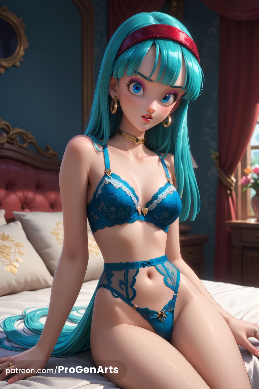 1girls ai_generated aqua_hair artist_name bare_shoulders bed bedroom blue_bra blue_eyes blue_panties blunt_bangs bra bra_(dragon_ball) bra_briefs breasts choker cleavage collarbone curtains dragon_ball dragon_ball_gt earrings eyelashes female hairband hi_res highleg hoop_earrings indoors jewelry lingerie lips long_hair looking_at_viewer makeup medium_breasts navel on_bed panties parted_lips patreon_logo patreon_username pillow progenarts red_hairband red_lips sitting solo stomach straight_hair thighs underwear underwear_only very_long_hair web_address window