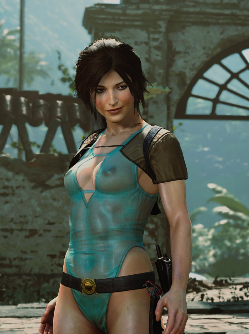 1girls 3d blue_one-piece_swimsuit faith103 female game_screenshot lara_croft mod one-piece_swimsuit see-through_clothing see-through_swimsuit solo swimsuit tomb_raider