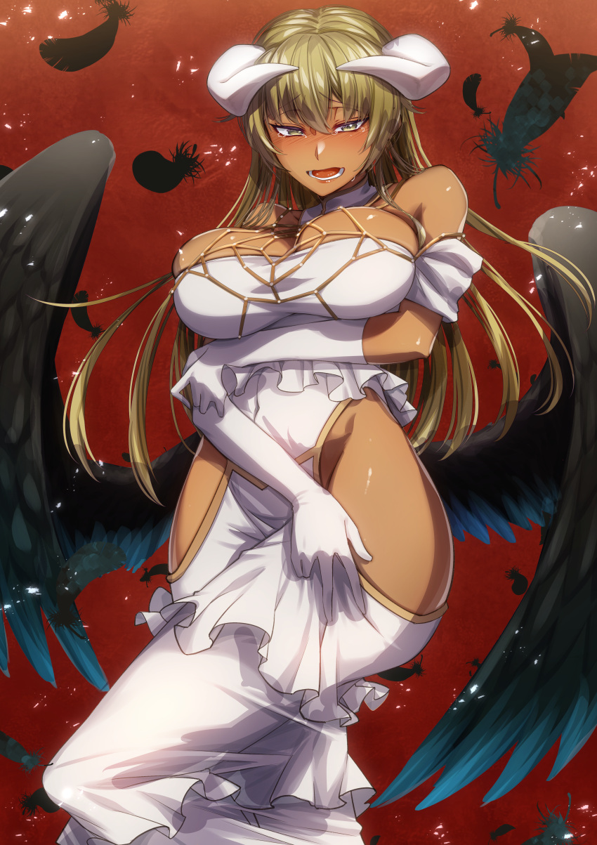 1girls absurdres albedo_(overlord)_(cosplay) bare_shoulders bare_thighs big_breasts blonde_hair blush breasts cluseller commission cosplay dark_skin dress female fire_emblem fire_emblem:_the_binding_blade gloves highres hip_vent huge_filesize igrene_(fire_emblem) large_breasts long_hair looking_at_viewer nintendo open_mouth overlord_(maruyama) seiyuu_connection simple_background skeb_commission solo solo_female wings yellow_eyes