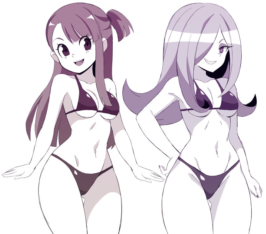 2girls abysswatchers akko_kagari alternate_costume bikini black_bikini breasts female female_only hand_on_hip little_witch_academia sharp_teeth sucy_manbavaran toned_stomach