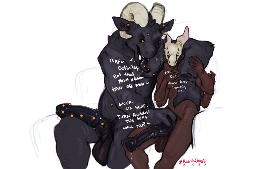 absurd_res anthro anthro_on_anthro black_body black_fur black_sclera blue_eyes bodily_fluids bone bovid brown_body brown_fur caprine claws curved_horn demon dialogue duo ear_piercing facial_piercing father father_and_child father_and_son flared_penis fumus_(carbon-draws) fur genital_fluids genital_piercing genitals hi_res horn incest larger_anthro male male/male male_only mammal multi_arm multi_limb multum nose_piercing parent parent_and_child penis penis_piercing piercing redishdragie ridged_horn scales sex sheep sitting size_difference tuft yaoi yellow_eyes