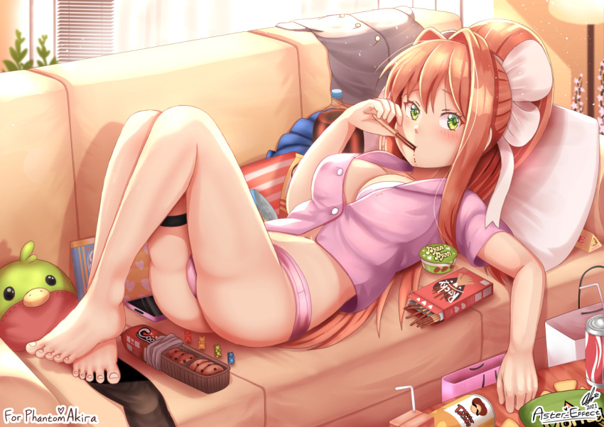 1girls ass aster-effect breasts brown_hair cleavage couch doki_doki_literature_club feet female food foot_fetish green_eyes looking_at_viewer lying lying_on_back medium_breasts monika_(doki_doki_literature_club) panties pink_panties pink_shirt ponytail ribbon thick_thighs thighs white_ribbon