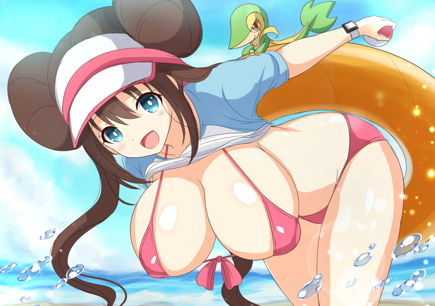 1girls ambiguous_gender beach big_breasts bikini blue_eyes brown_hair double_bun eye_contact huge_breasts kurowana large_breasts looking_at_viewer nintendo pokemon pokemon_(species) pokemon_bw pokemon_bw2 rosa_(pokemon) shirt_lift snivy thick_thighs thighs twintails