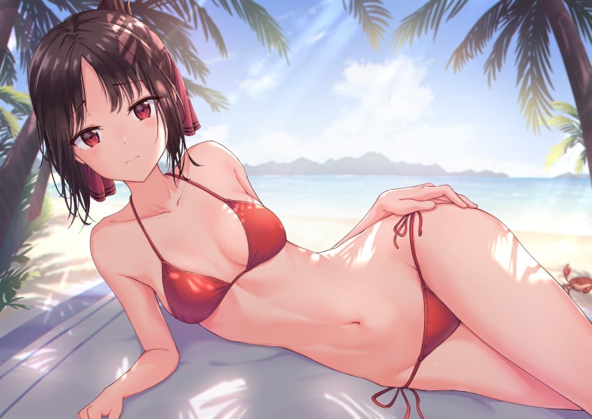 beach bikini black_hair female_only kaguya-sama_wa_kokurasetai_~tensai-tachi_no_renai_zunousen~ looking_at_viewer lying lying_on_side marinesnow red_bikini red_eyes shinomiya_kaguya solo