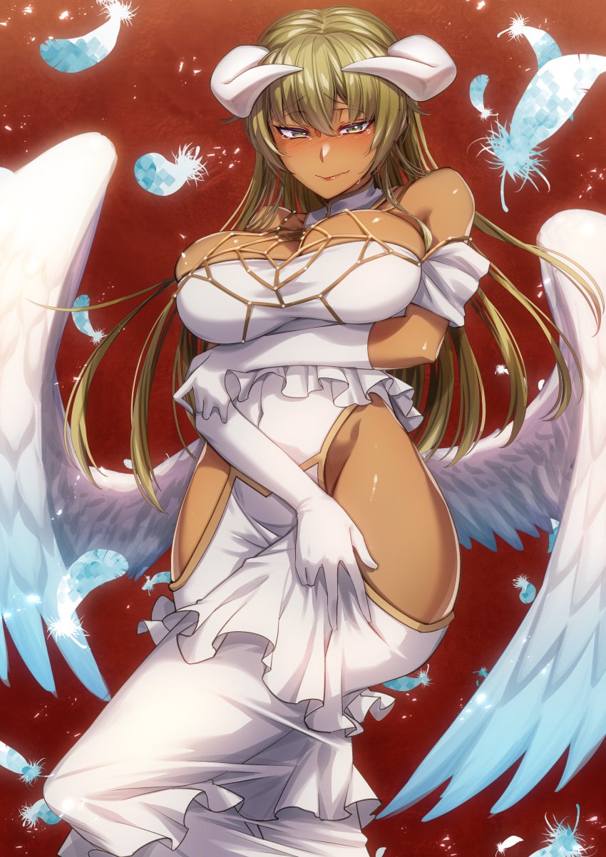 1girls absurdres albedo_(overlord)_(cosplay) alternate_costume bangs bare_shoulders bare_thighs big_breasts blonde_hair blush breasts cluseller commission cosplay dark-skinned_female dark_skin dress embarrassed female fire_emblem fire_emblem:_the_binding_blade gloves highres hip_vent huge_filesize igrene_(fire_emblem) large_breasts long_hair looking_at_viewer nintendo overlord_(maruyama) seiyuu_connection simple_background skeb_commission solo tears wings yellow_eyes