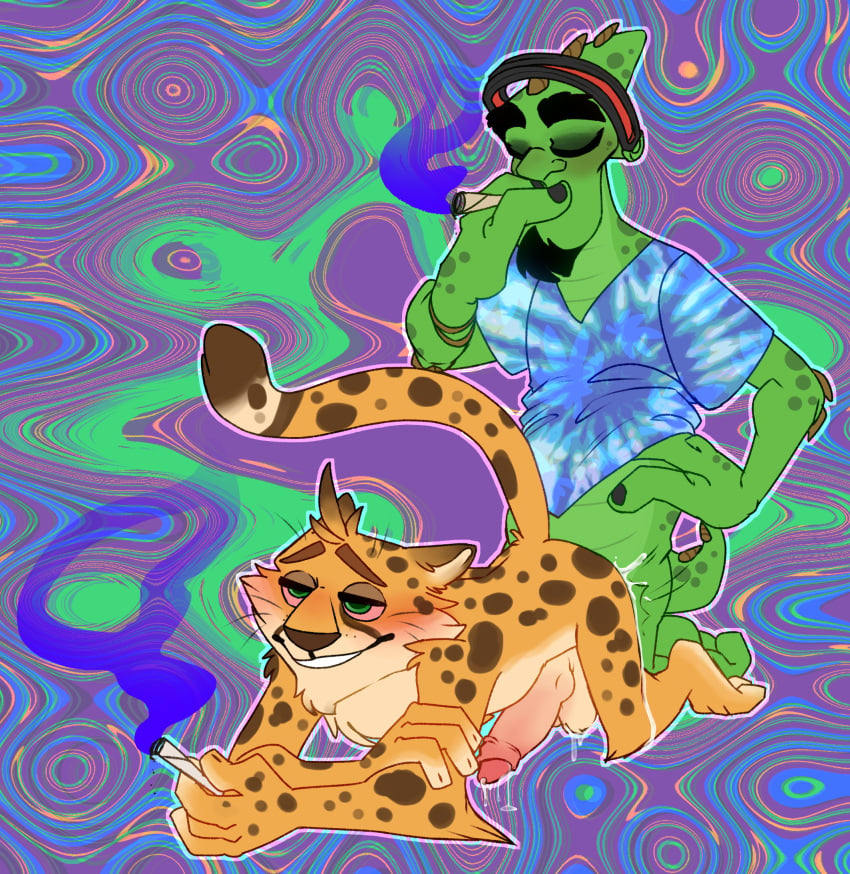 alien alien_humanoid all_fours anonymous_artist anthro bodily_fluids cum doggy_style drugs duo eyestrain felid feline foreskin from_behind_position gay gay_sex genital_fluids genitals half-closed_eyes hi_res humanoid hunter_(spyro) lube male male/male mammal marijuana narrowed_eyes penis psychedelic reptile rilgarian_(ratchet_and_clank) scalie sex skidd_mcmarx_(ratchet_and_clank) smoke spyro_the_dragon what yaoi