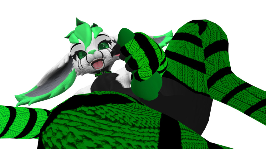 3d_(artwork) athen black_body black_fur clothing cute_fangs digital_media_(artwork) footwear fur genitals gesture green_body green_eyes green_fur green_hair hair hi_res hobkin male male/male penis socks solo stroke suggestive suggestive_gesture tongue white_body white_fur