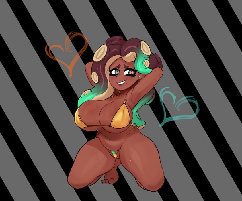 1girls armpits beauty_mark belly belly_button belly_button_piercing big_breasts bikini breasts bursting_breasts cadslime cleavage curvy curvy_female dark-skinned_female dark_skin female female_focus female_only gold_swimsuit green_eyes hands_behind_head huge_breasts kneeling looking_at_viewer marina_(splatoon) mole mole_under_mouth multicolored_hair navel navel_piercing octoling on_knees pubic_hair side-tie_bikini skimpy skimpy_bikini smile smiling smiling_at_viewer solo solo_female solo_focus splatoon splatoon_2 sweat sweatdrop swimsuit swimwear tentacle_hair thick_thighs thighs two_piece_swimsuit