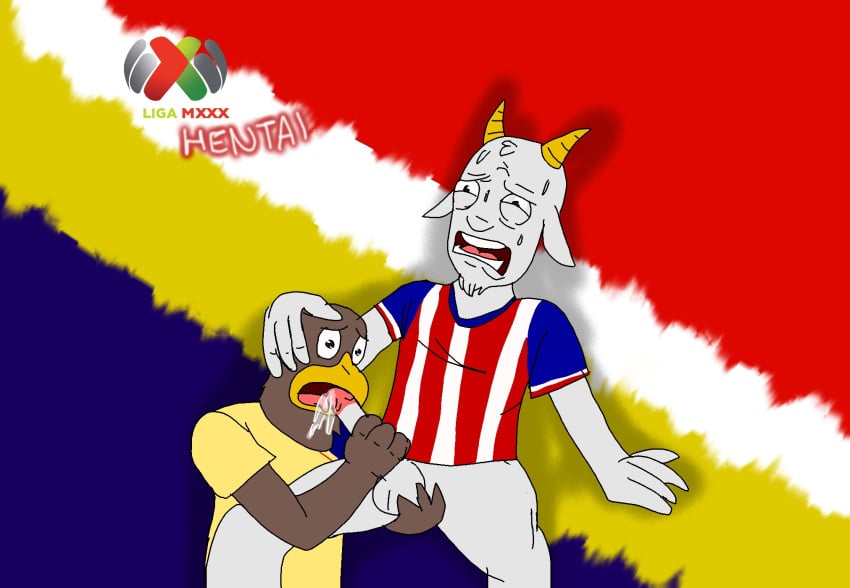 2boys anthro anthro_only balls cheves_(ubaldo_mx) club_america club_deportivo_guadalajara copa_mx cum cum_in_mouth cumming eagle fellatio gay gay_sex goat hand_on_head liga_mexicana liga_mx mascots masturbating_during_fellatio masturbation pantless penis penis_lick soccer sweat sweating ubaldo ubaldo_mx wily_(ubaldo_mx)