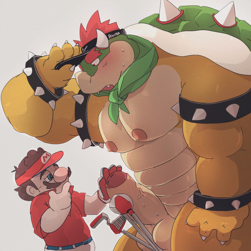 2021 2boys anthro balls blush bodily_fluids bottomwear bowser clothing dumdum duo erection gay genitals golf golf_club hi_res human humanoid_genitalia humanoid_hands humanoid_penis kemono koopa male male/male male_only mammal mario mario_(series) mario_golf nintendo overweight overweight_male pants penis scalie shirt sweat topwear video_games yaoi