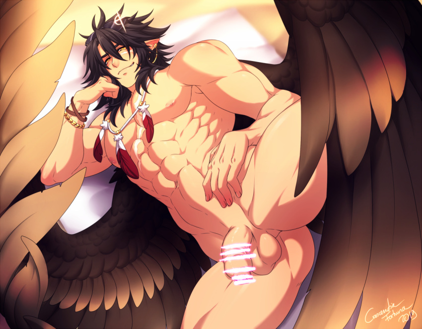 1boy abs ass_visible_through_thighs bar_censor bara black_hair censored completely_nude crescentia elbow_rest feather_necklace feathered_wings fire_emblem fire_emblem:_radiant_dawn flaccid large_pectorals looking_at_viewer lying male_focus male_only medium_hair muscular muscular_male navel nipples nude on_bed on_side pointy_ears sidelocks smug solo solo_male spread_legs spread_wings stomach thick_thighs thighs tibarn_(fire_emblem) wings yellow_eyes