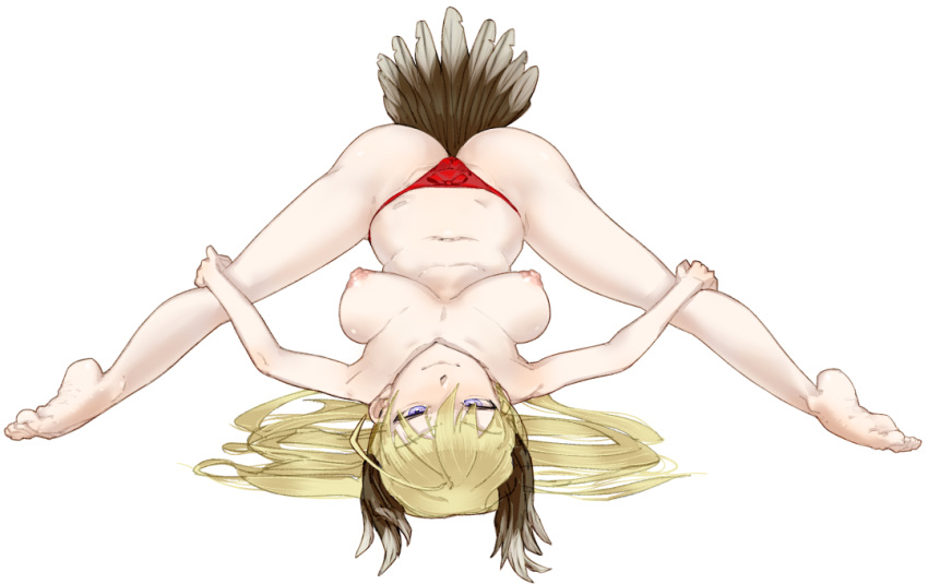 1girls blonde_hair blue_eyes feathers hanna-justina_marseille large_breasts panties presenting red_panties strike_witches toorops topless