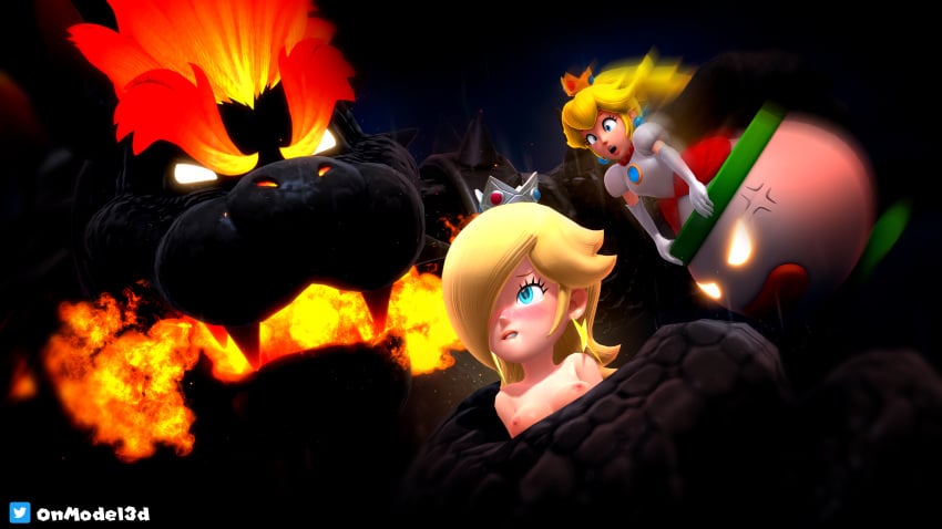 3d alternate_costume biting_lip blonde_hair blue_eyes blush bowser bowser's_fury breathing_fire earrings eyes_rolling_back fire fury_bowser glowing_eyes glowing_hair koopa_clown_car mario_(series) nintendo onmodel3d ponytail princess_peach princess_rosalina raining scales self_upload size_difference super_mario_3d_world