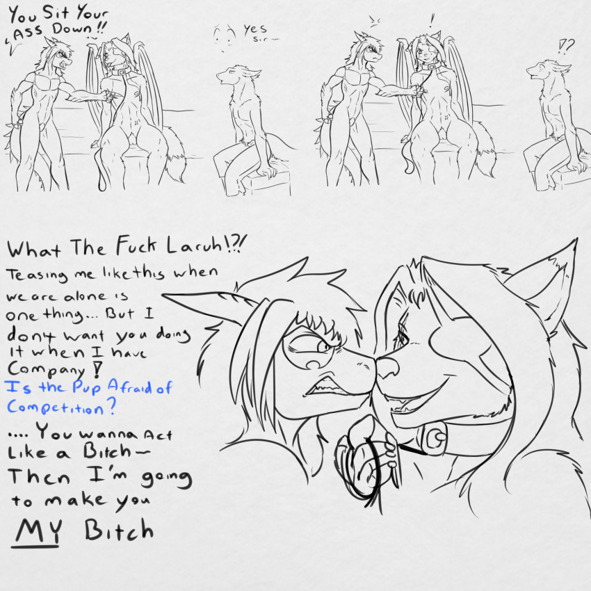 1:1 absurd_res andromorph anthro canid canine collar cuntboy dragon dragonofdarkness13 ed_ryujin english_text female flat_chested genitals group hi_res hybrid intersex laruh leash male mammal monochrome nipples pubes pussy sergal teasing text vyse_(dragonofdarkness13)