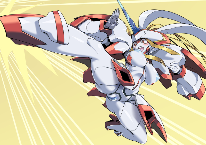 1girls absurdres android blue_nipples blue_pussy blush breasts clitoris darling_in_the_franxx female high_resolution highres horn hybrid kicking looking_at_viewer nipples open_mouth pale-skinned_female pale_skin pochincoff pussy red_eyes robot robot_girl simple_background spread_legs strelizia teeth tongue uncensored underboob upper_teeth white_breasts yellow_background