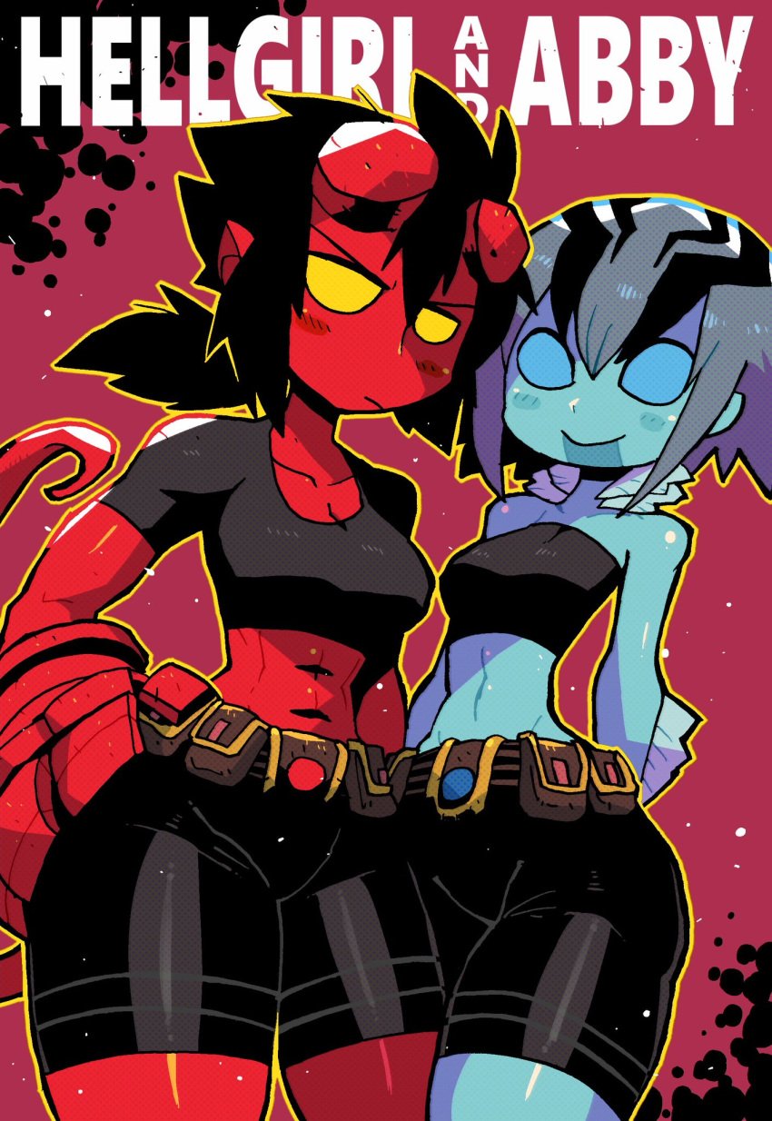 2girls abe_sapien bare_midriff blue_skin broken_horn crap-man cute demon_girl female fish_humanoid hellboy hellboy_(series) hellgirl monster_girl red_skin rule_63 short_hair tagme thick_thighs tight_clothing