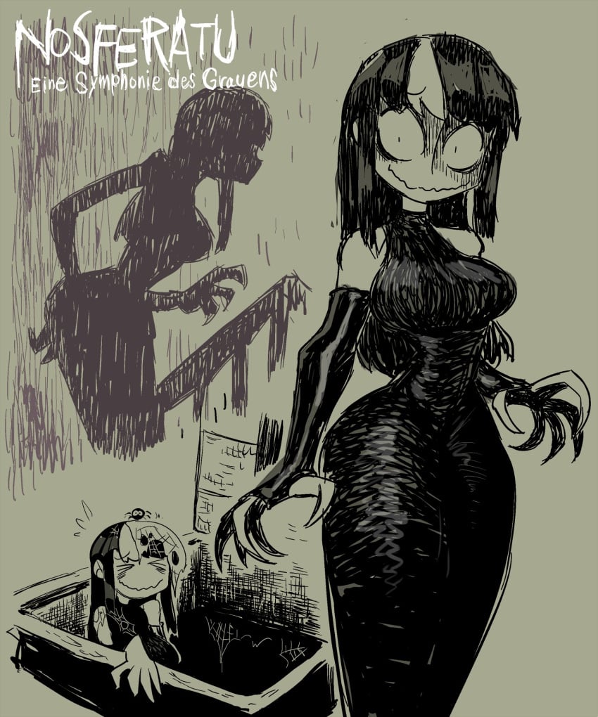 black_dress crap-man cute dress female mob_face monochrome monster_girl nosferatu noss_the_nosferatu_(crap-man) pencil_dress tagme tight_clothing tight_dress two_tone_hair