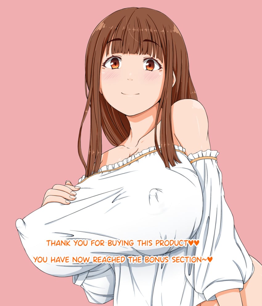 big_breasts brown_hair carrot_caramel_batake clothed clothing english_text erect_nipples erect_nipples_under_clothes female huge_breasts inside_breasts large_breasts long_hair nipple_bulge nipples_visible_through_clothing no_bra