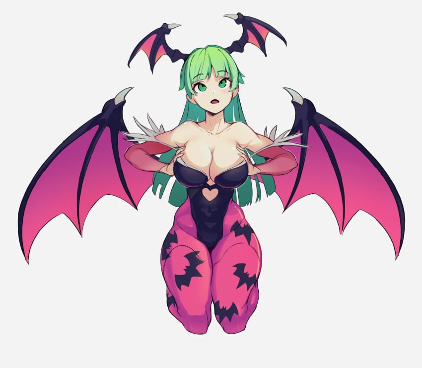 1girls armpits bare_shoulders bat_print big_breasts breast_press breasts breasts_pressed_together capcom cleavage clothing darkstalkers demon_wings dethmaid eximmetry female female_only green_eyes green_hair head_wings heart_shape hi_res hips humanoid kneeling large_breasts leotard long_hair looking_up morrigan_aensland open_mouth pantyhose pink_pantyhose solo solo_female succubus thick thick_thighs thighs white_background wide_hips wings